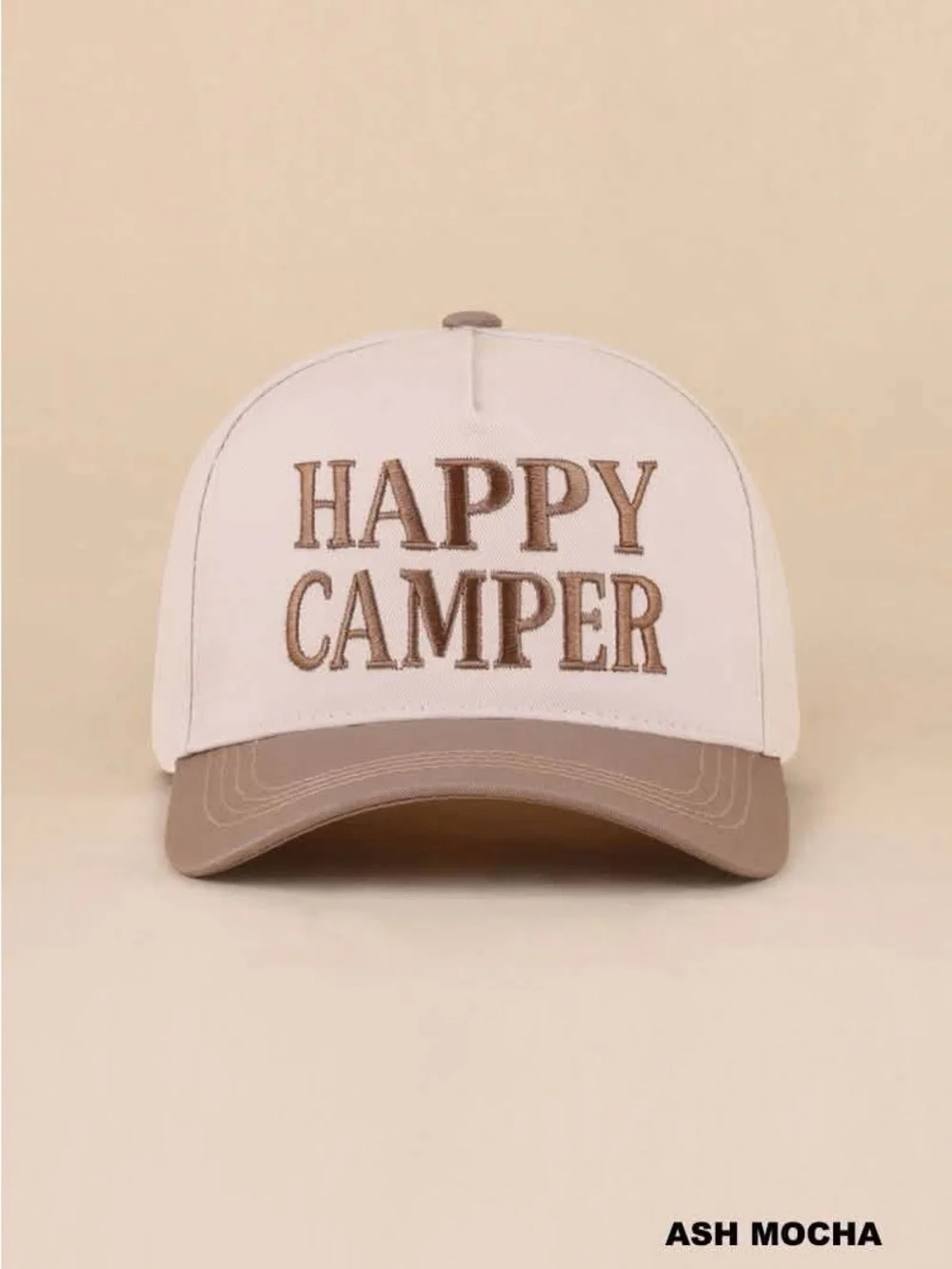 Zenana Happy Camper White Cap with Brown Embroidery Ash Mocha